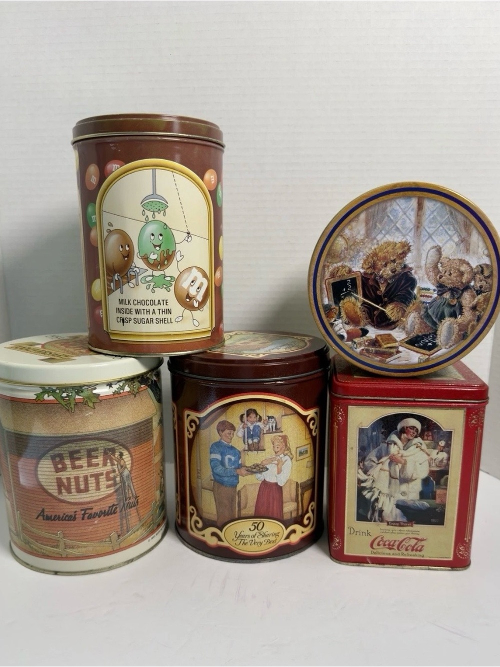 Vintage Collectible Metal Tin Lot of 5 - M&M Coca Cola Nestle Beer Nuts Giftco